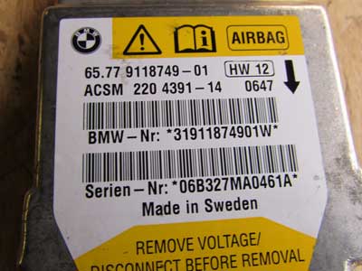 BMW Airbag Control Module Unit 65779118749 525i 528i 535i 550i 645Ci 650i5
